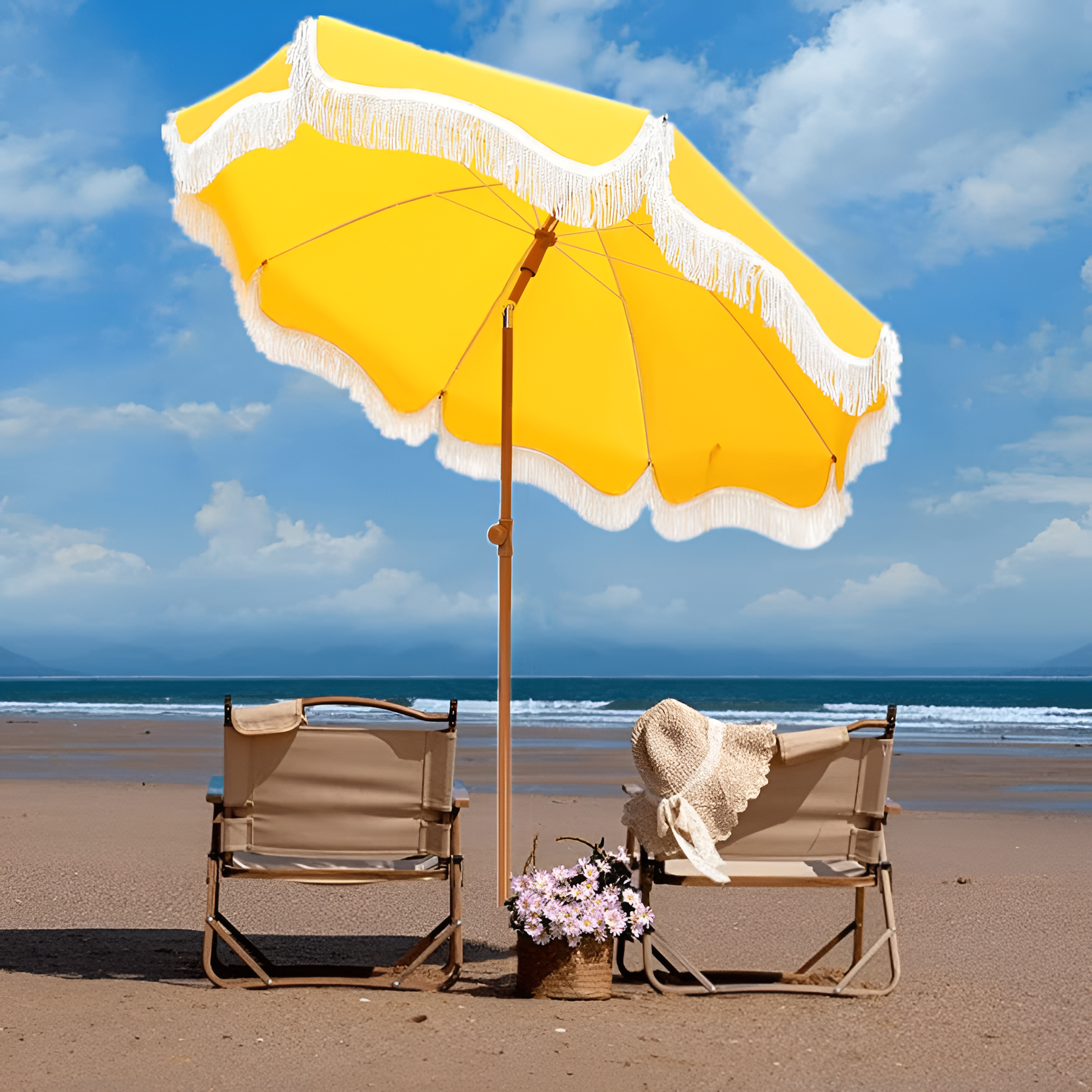 7FT Portable Beach Umbrella With Fringe And Windproof Design