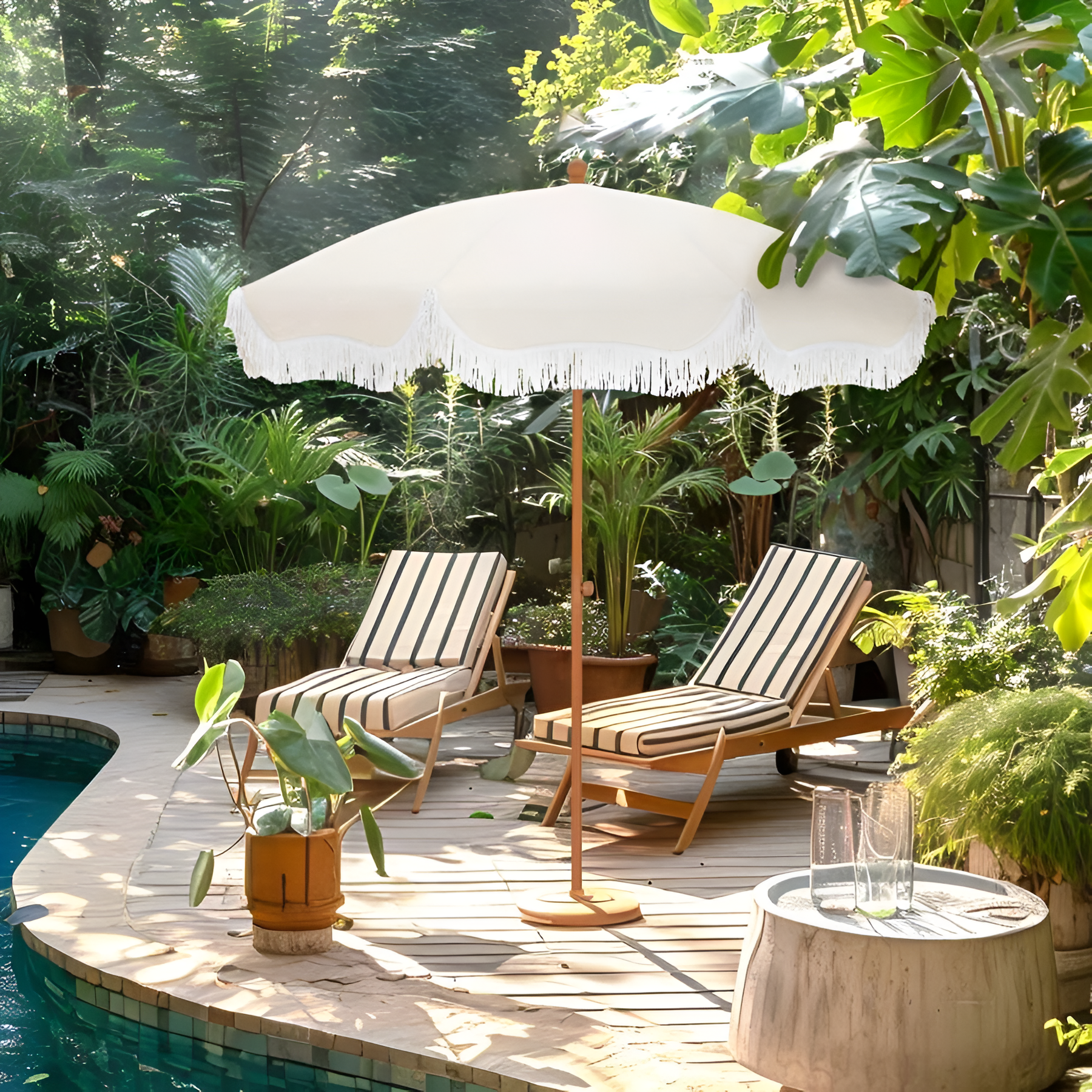 7FT Portable Beach Umbrella With Fringe And Windproof Design