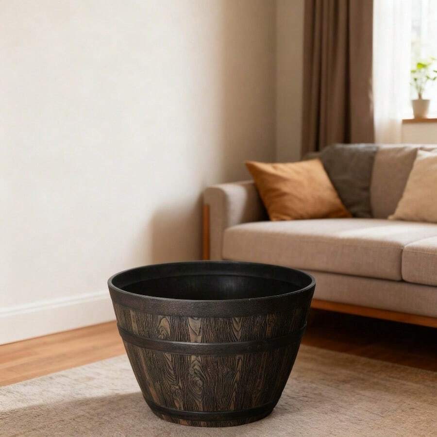 20" Whiskey Barrel Planter, Brown, 100% Resin, Lightweight UV‑Resistant Outdoor Pot, 19.9" X 19.9" X 13"