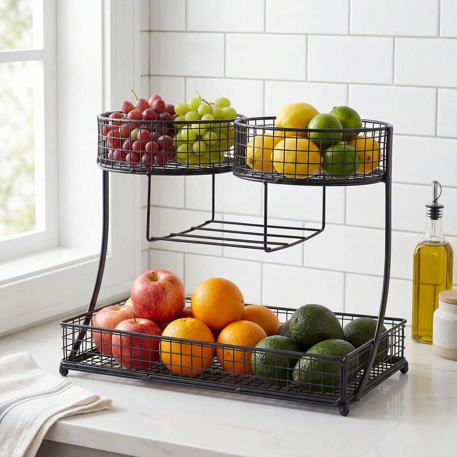 3 Tier Metal Fruit Basket Stand Rack For Kitchen And Dining