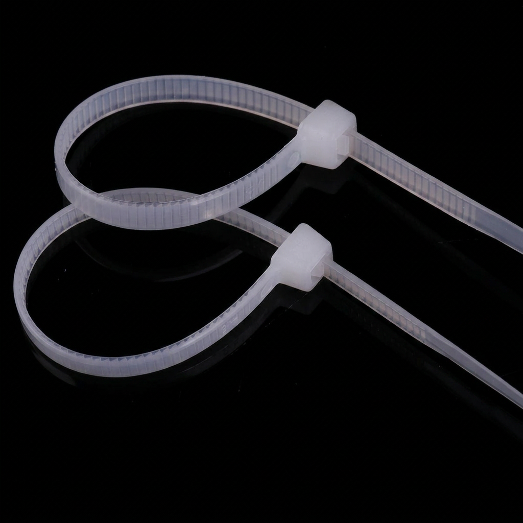 Two white plastic cable zip ties on black background