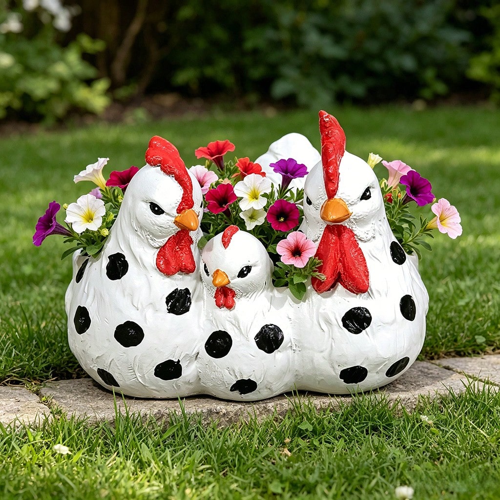 Rooster And Hen Family Planter For Garden Decor