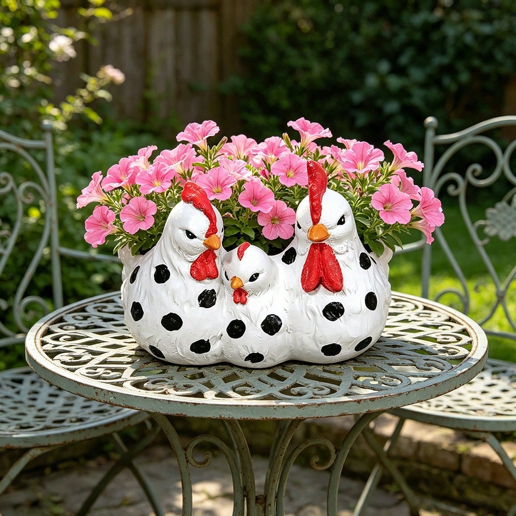Rooster And Hen Family Planter For Garden Decor