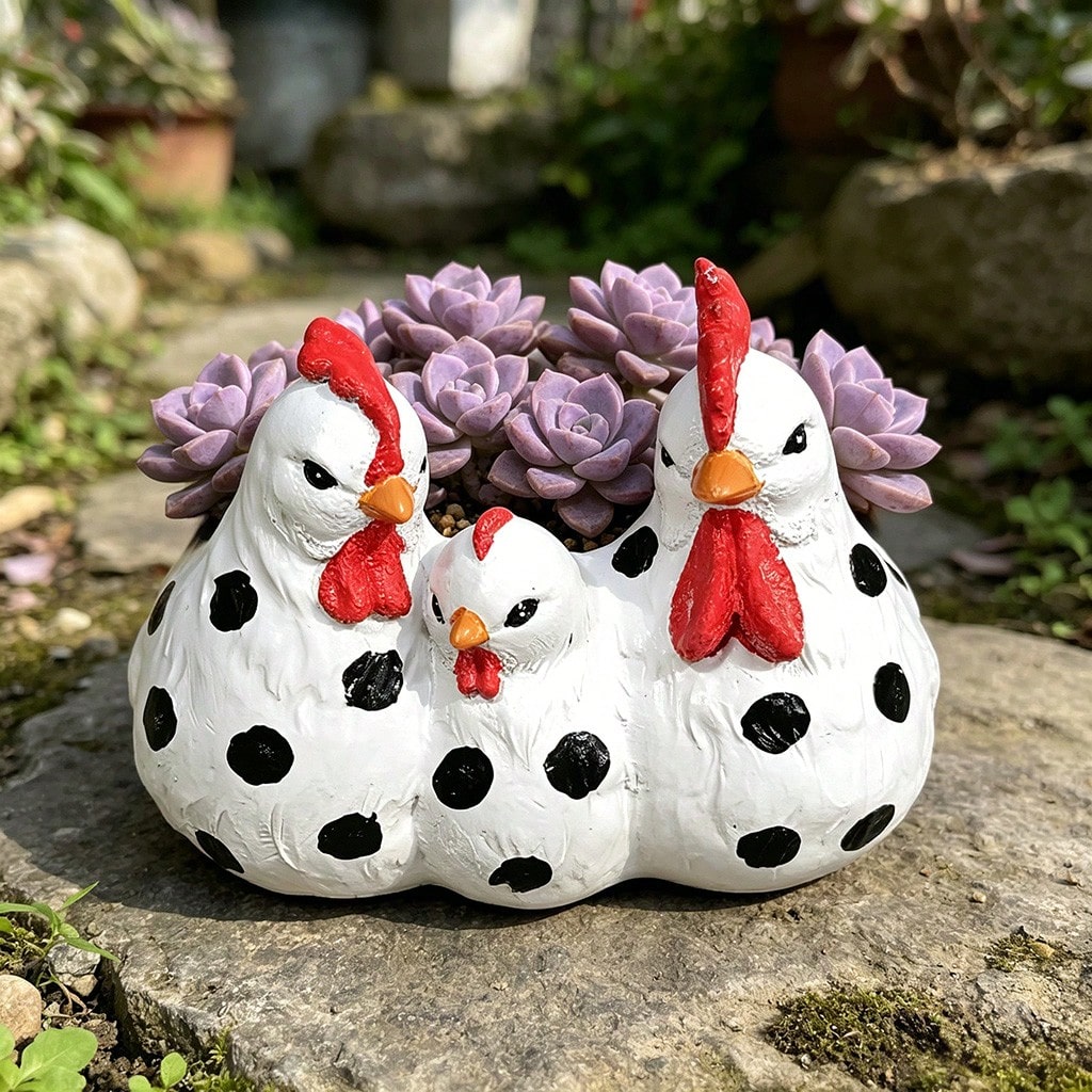 Rooster And Hen Family Planter For Garden Decor