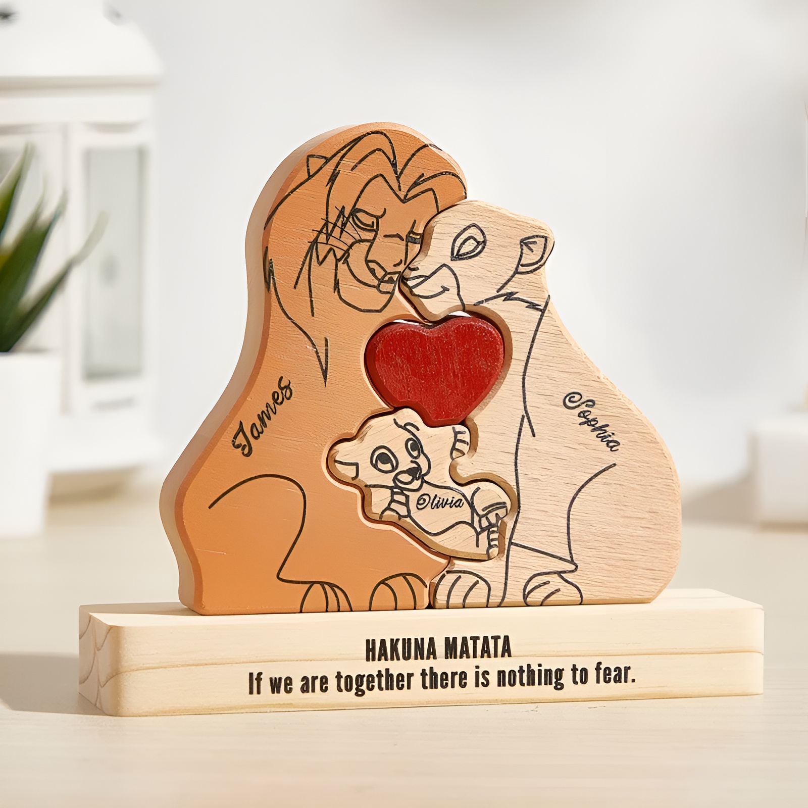 Personalized Wooden Lion Family Puzzle Decor With Name Pieces