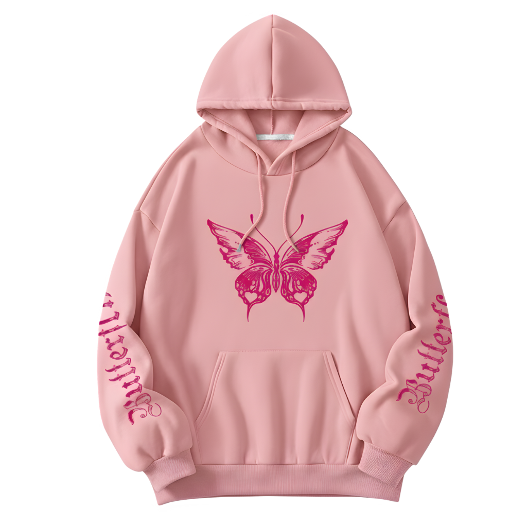 Casual Butterfly Printed Drawstring Hoodie For Women