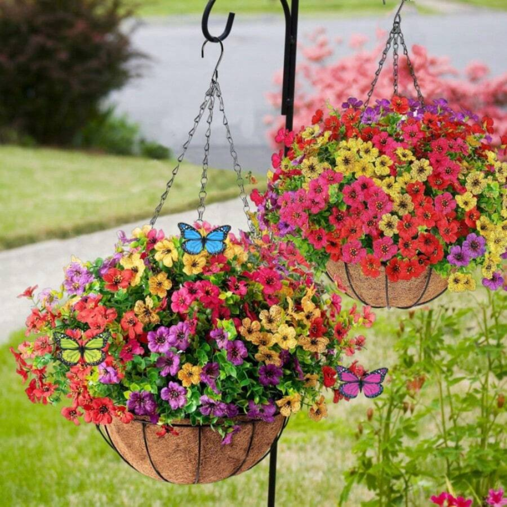 Artificial Hanging Flowers Basket With Coconut Lining And Butterflies For Outdoor Decor