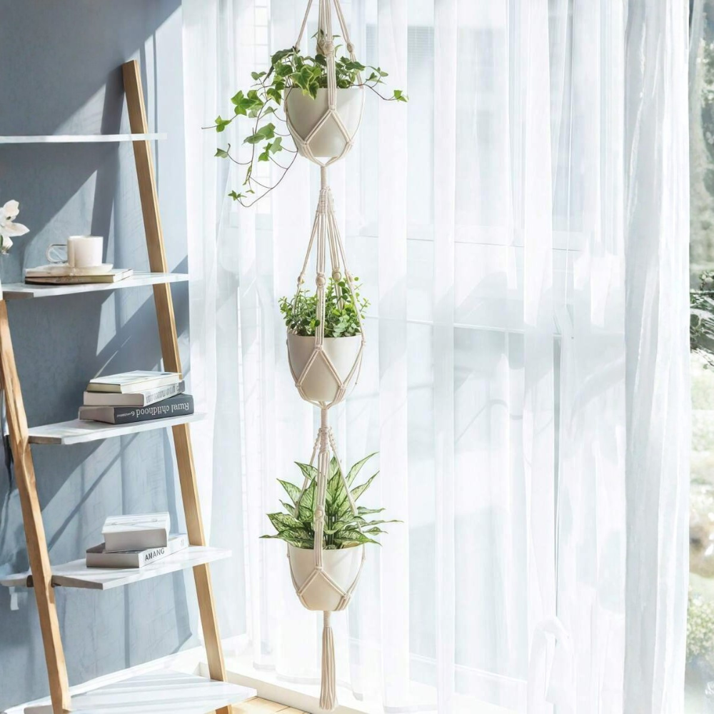Three Layer Jute Rope Plant Hanger With Tassels And Hook For Indoor Outdoor Decor