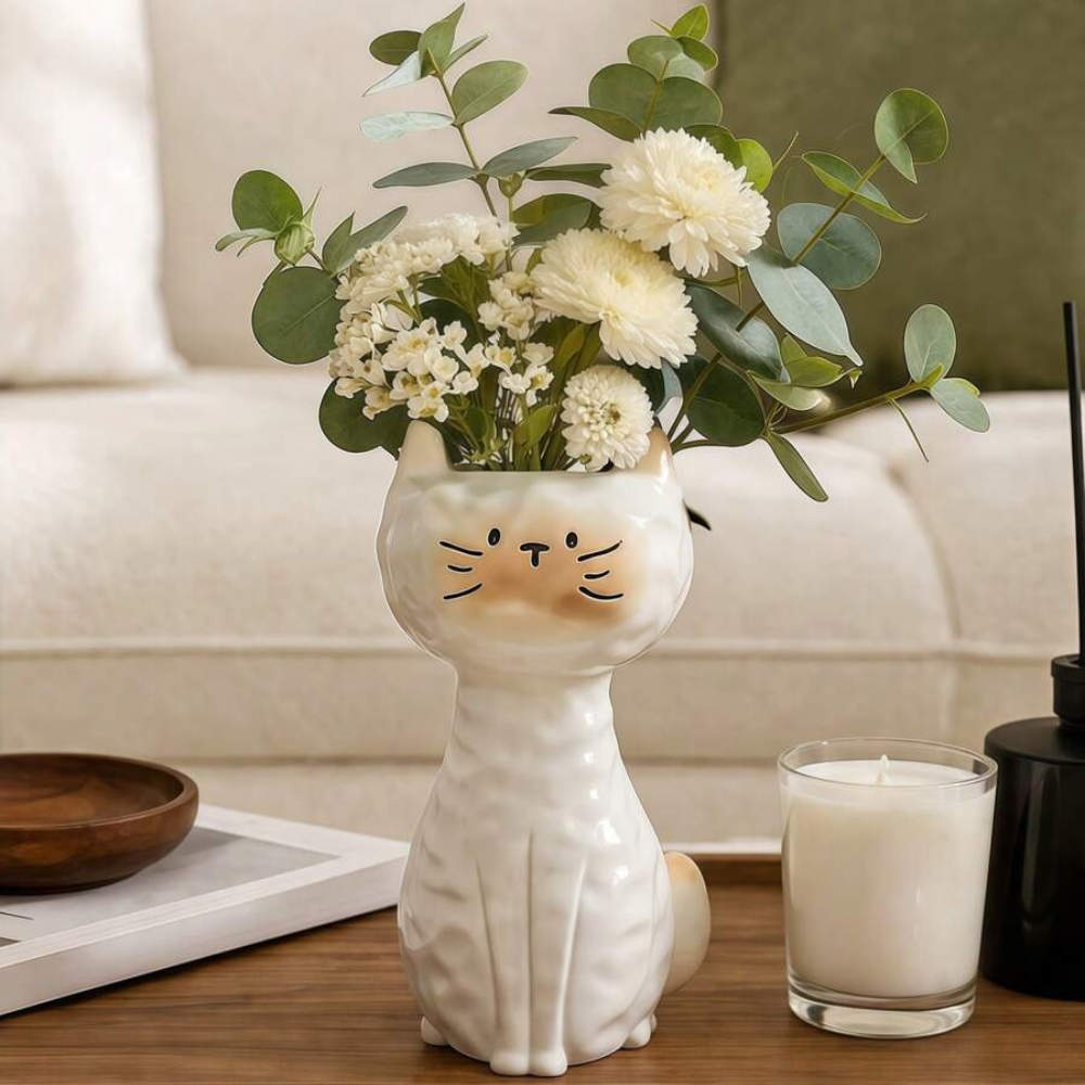 Siamese Cat Ceramic Statue Flower Vase For Home Decor