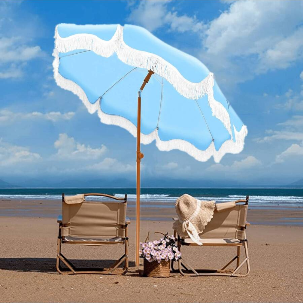 7FT Portable Beach Umbrella With Fringe And Windproof Design