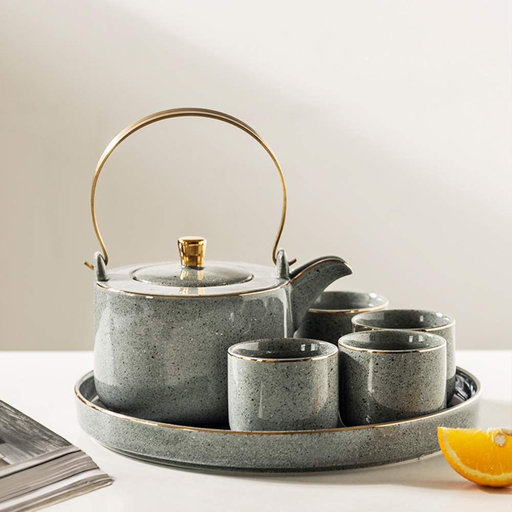 Japanese Grey Golden Rim Ceramic Teapot Set - Grafton Collection