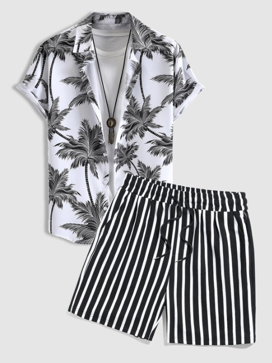 Tropical Tree Print Shirt And Striped Shorts - Grafton Collection