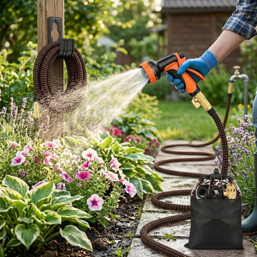 Stretchable Lightweight Garden Hose With 10 Pattern Spray Nozzle
