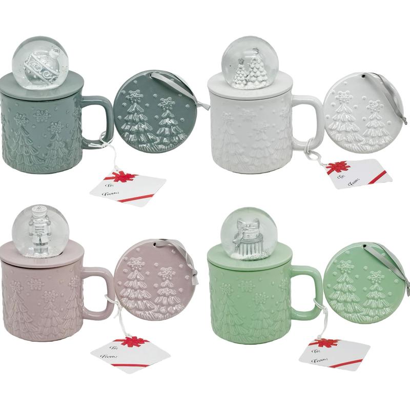 Set of 4 18oz Snow Globe Topper Christmas Mugs With Lid