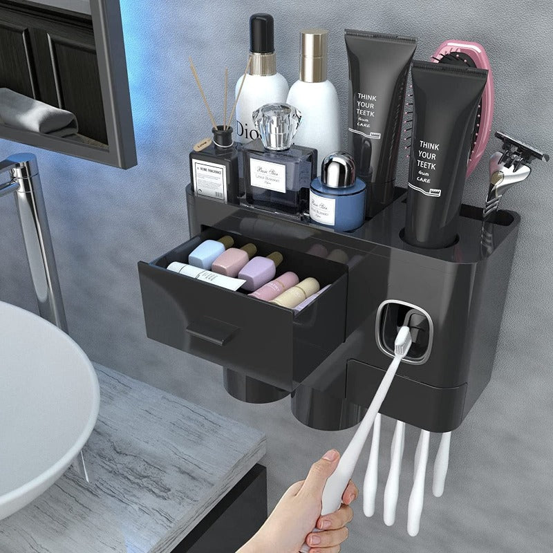 Toothbrush Holders For Bathrooms, Toothbrush Holder Wall Mounted With Toothpaste Dispenser, Large Capacity Tray, Cosmetic Drawer And Brush Slots With Cover Tooth Brush Holder - Grafton Collection