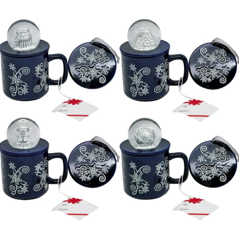 Set of 4 18oz Snow Globe Topper Christmas Mugs With Lid