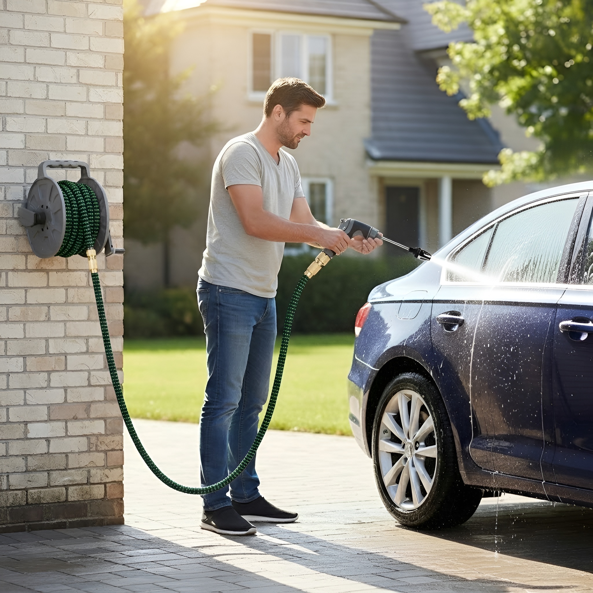 7 Piece High Retractable Car Wash Water Hose With Adjustable Nozzle For Garden Use