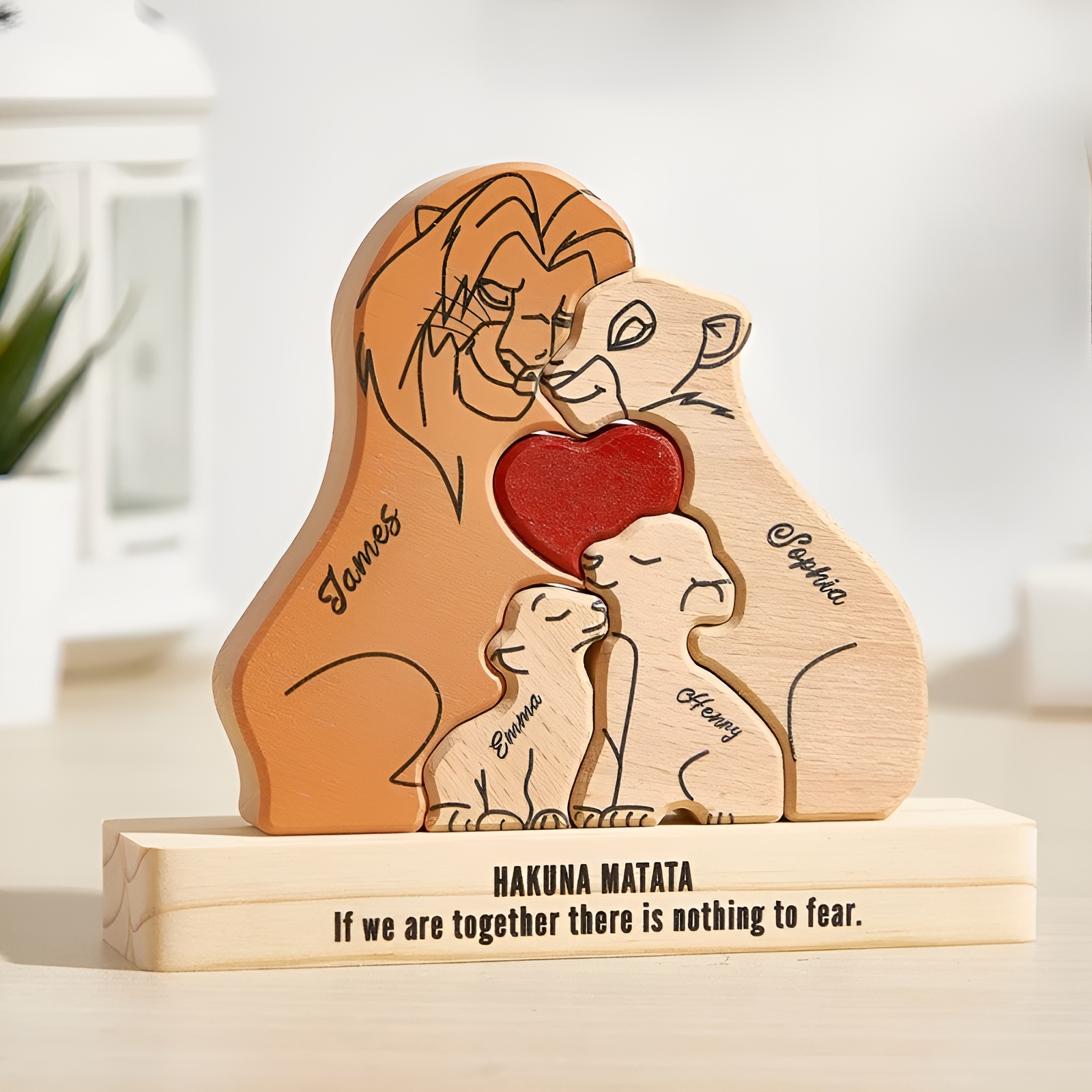 Personalized Wooden Lion Family Puzzle Decor With Name Pieces