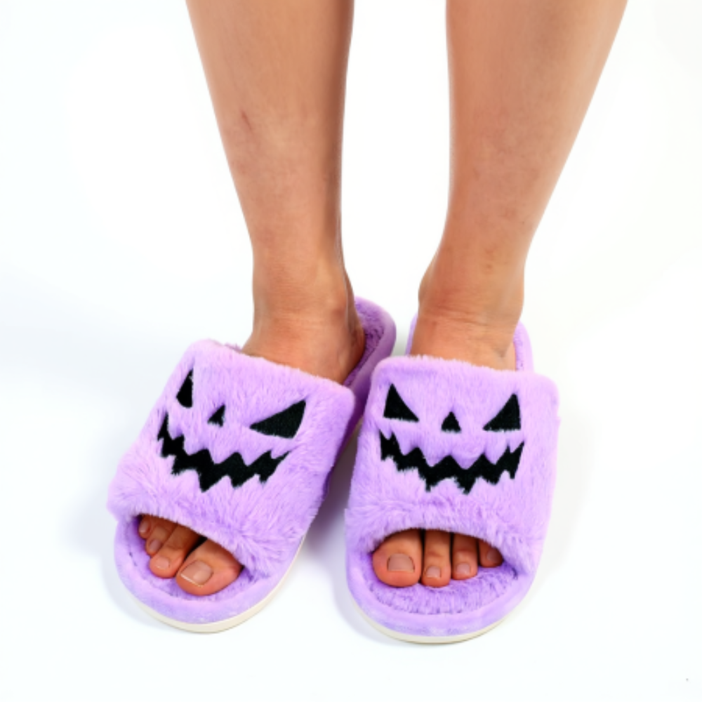 Halloween Pumpkin Plush Slides Cozy Open Toe Indoor Outdoor Slippers