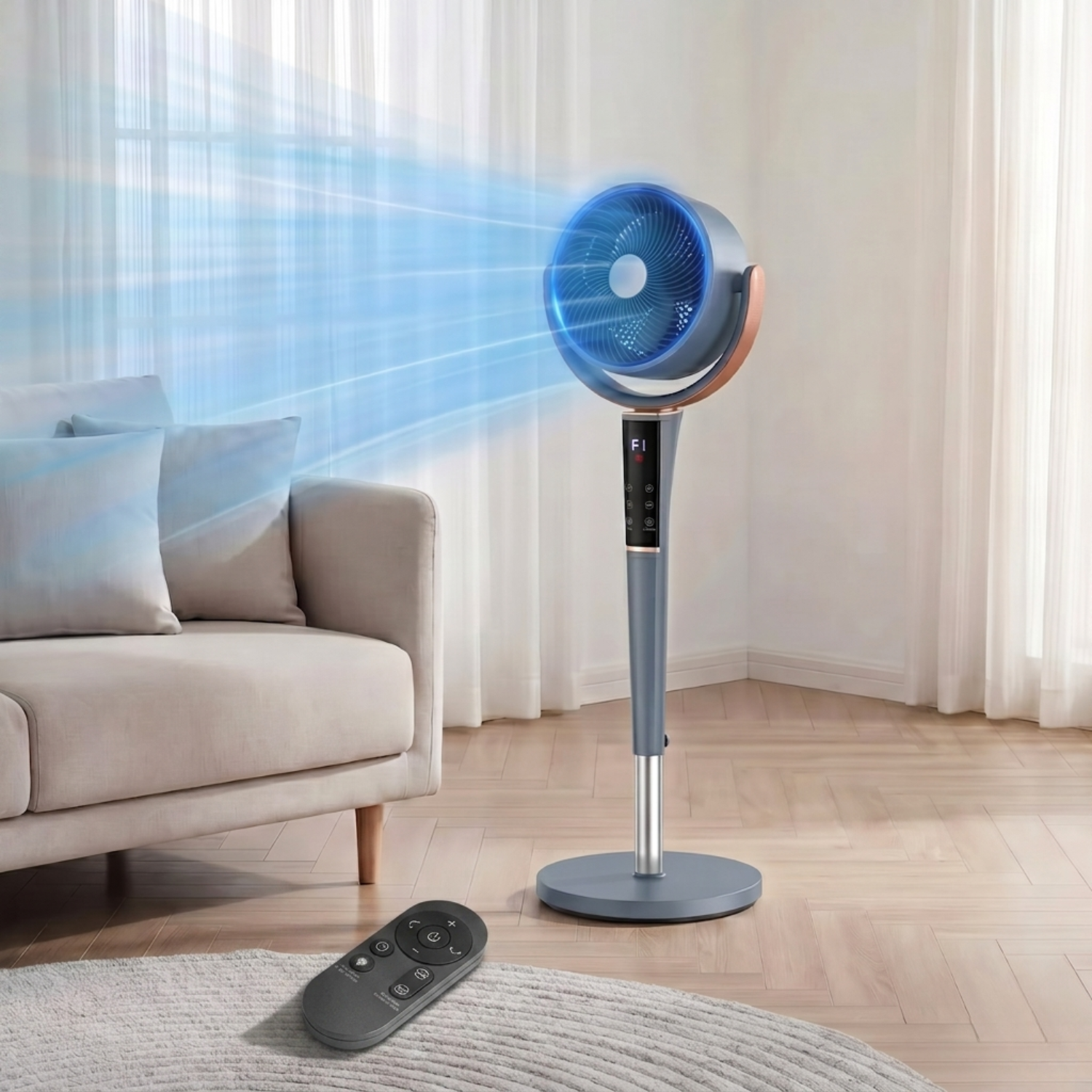 Portable LED Light Bedroom Pedestal Fan With 5 Speed Modes And Remote