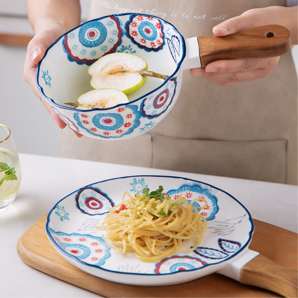 Flower Japanese Dinner Plate With Wooden Handle - Grafton Collection