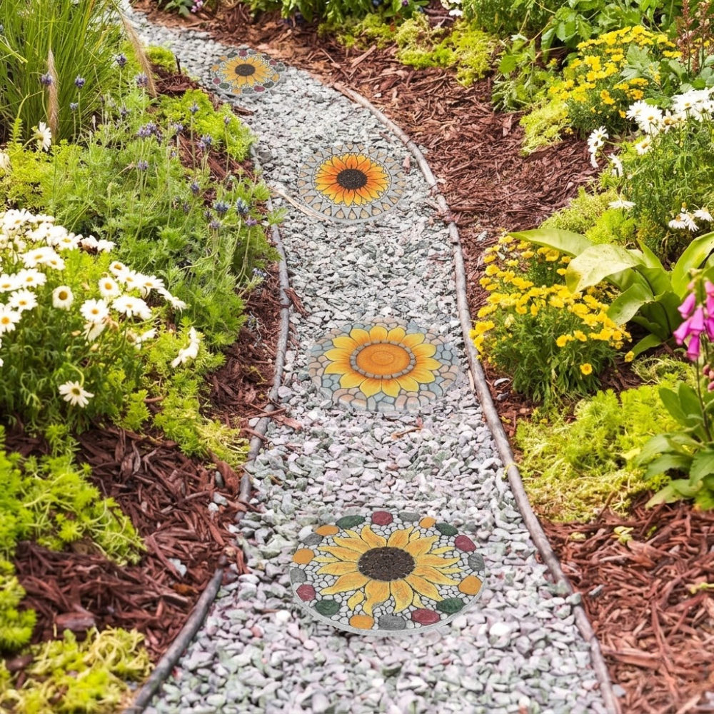 3 Pack Sunflower Stepping Stone, 10 Inch Decorative Garden Step Stone For Yard, Patio, Garden, Walkway