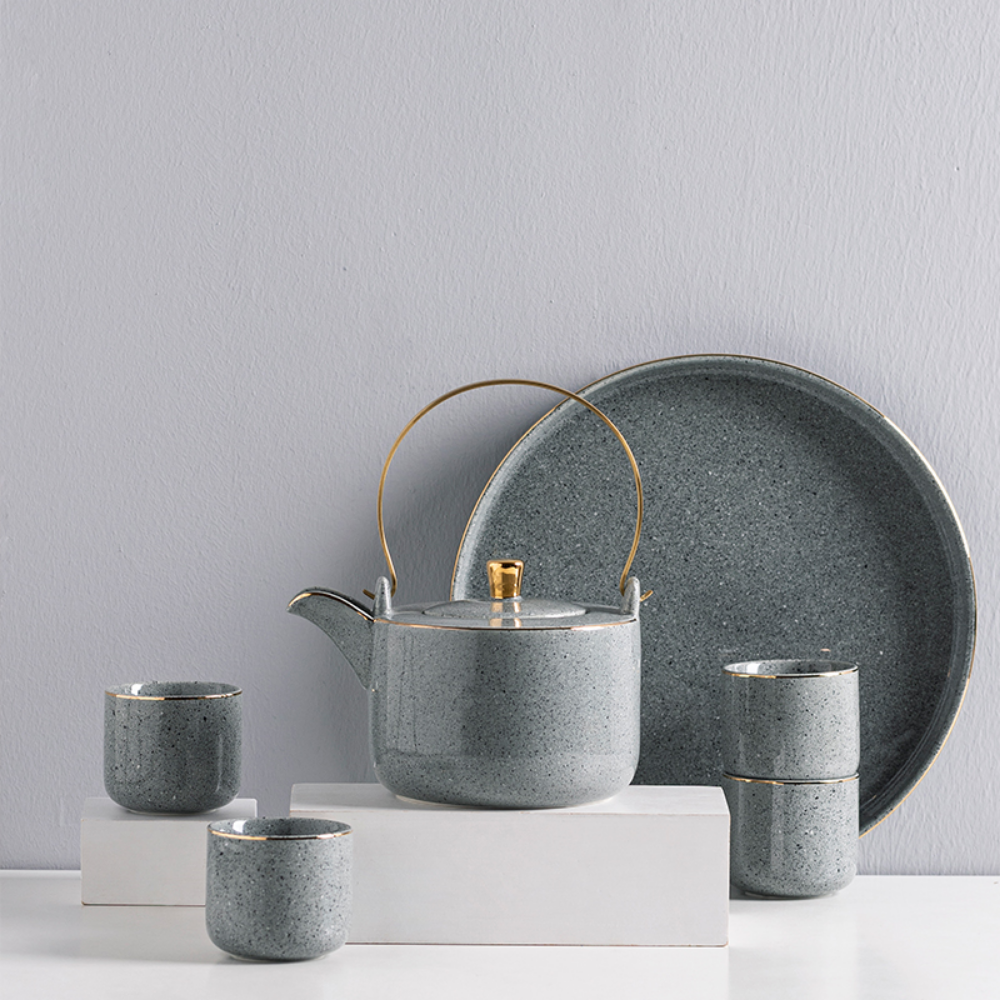 Japanese Grey Golden Rim Ceramic Teapot Set - Grafton Collection