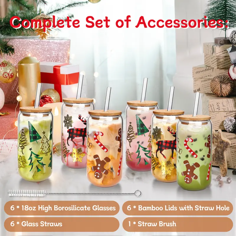 18Oz Christmas Tumbler Glass Cups With Lids And Straws 