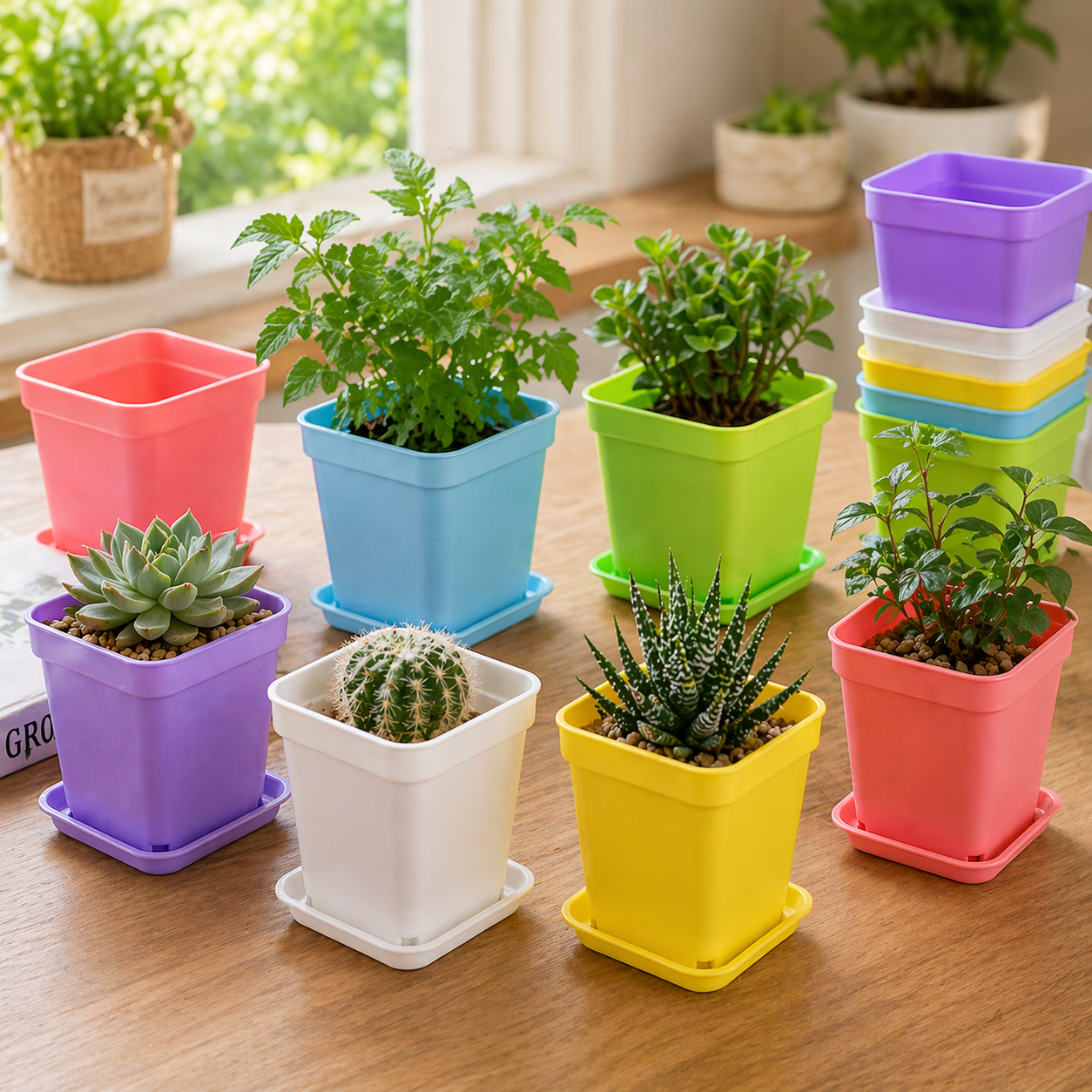Mini Square Plant Pots With Trays 20 Piece Set For Succulents And Herbs