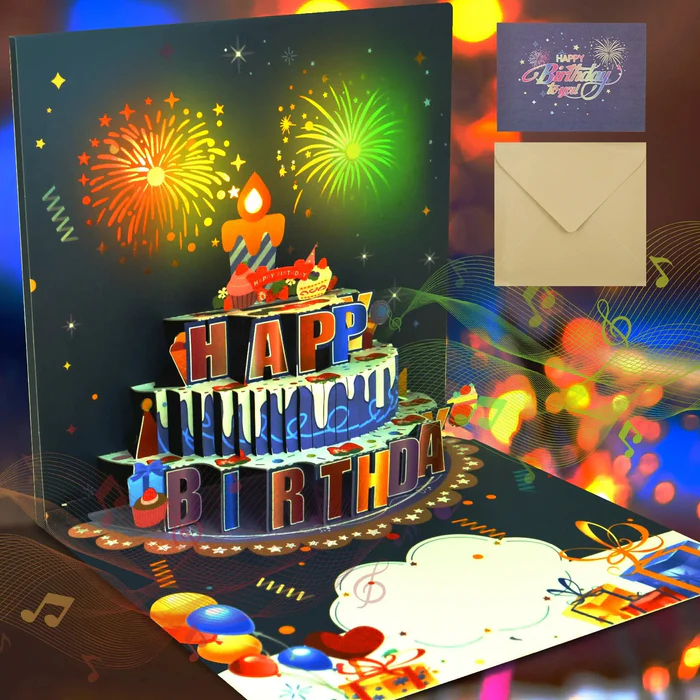 3D Pop Up Birthday Card With Envelope And Lights And Sound Effect