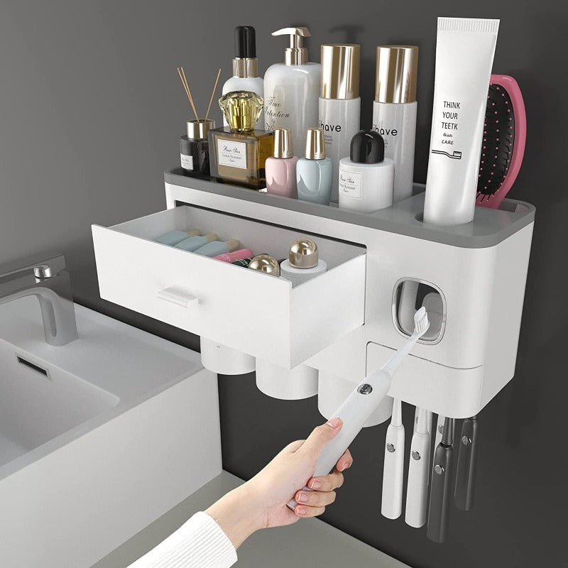 Toothbrush Holders For Bathrooms, Toothbrush Holder Wall Mounted With Toothpaste Dispenser, Large Capacity Tray, Cosmetic Drawer And Brush Slots With Cover Tooth Brush Holder - Grafton Collection