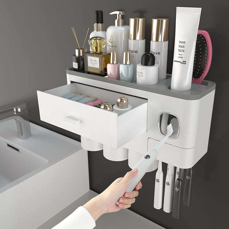 Toothbrush Holders For Bathrooms, Toothbrush Holder Wall Mounted With Toothpaste Dispenser, Large Capacity Tray, Cosmetic Drawer And Brush Slots With Cover Tooth Brush Holder - Grafton Collection