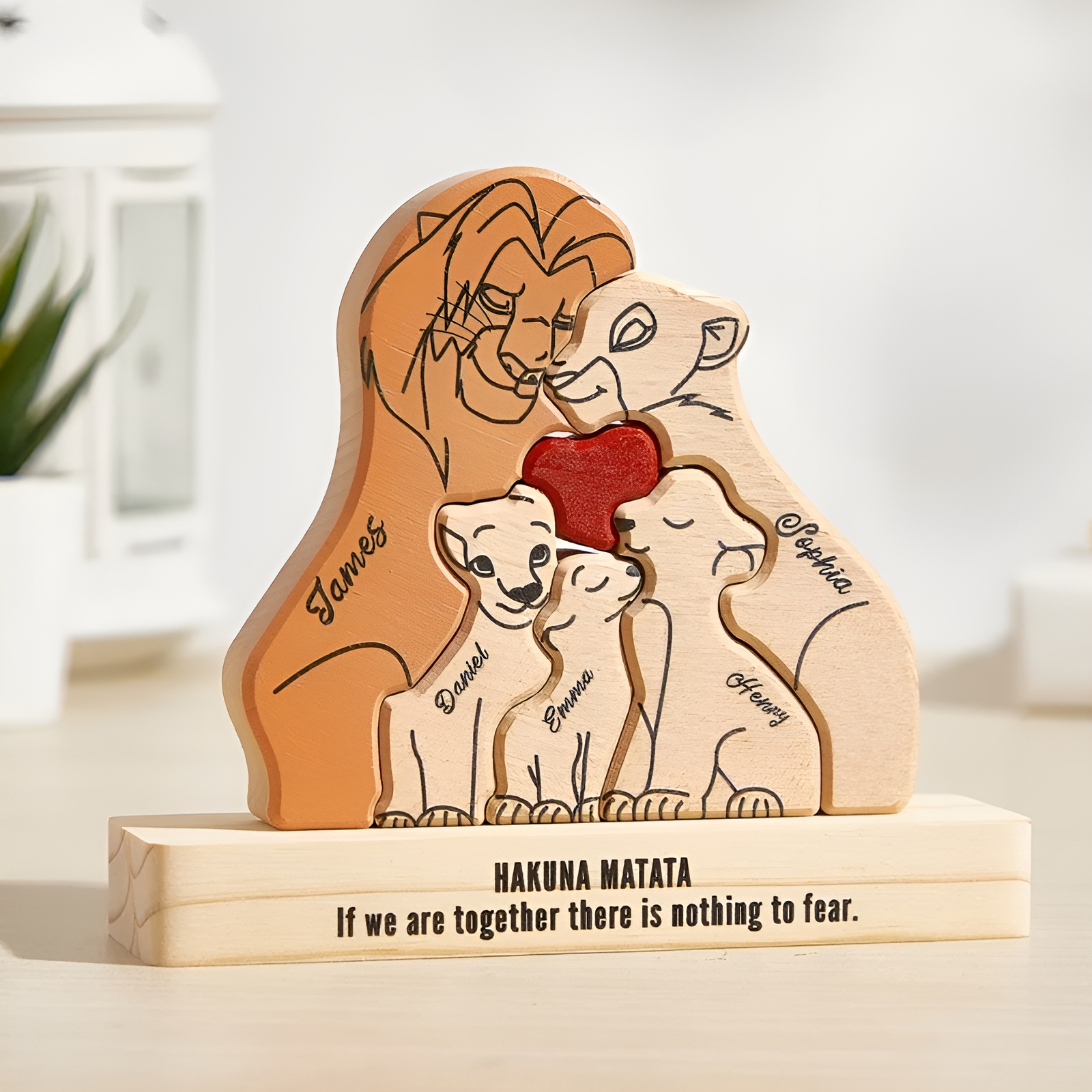 Personalized Wooden Lion Family Puzzle Decor With Name Pieces