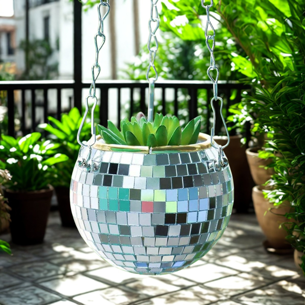 Mirrored Disco Ball Spherical Hanging Flower Planter For Gardening Decor