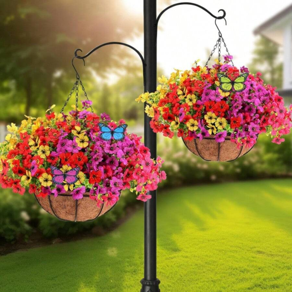 Artificial Hanging Flowers Basket With Coconut Lining And Butterflies For Outdoor Decor