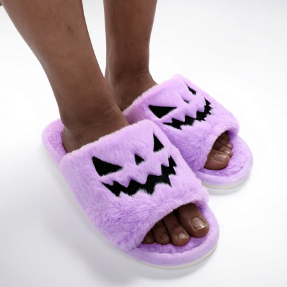 Halloween Pumpkin Plush Slides Cozy Open Toe Indoor Outdoor Slippers