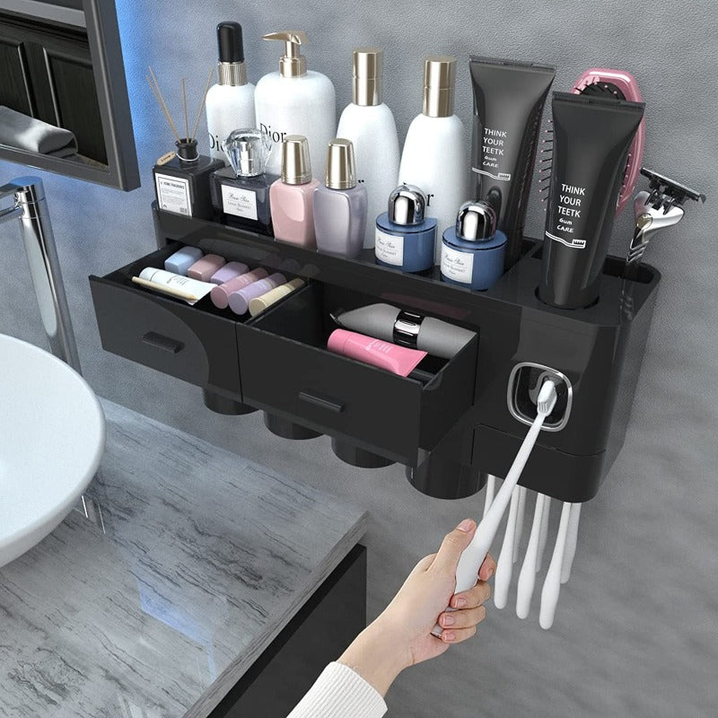 Toothbrush Holders For Bathrooms, Toothbrush Holder Wall Mounted With Toothpaste Dispenser, Large Capacity Tray, Cosmetic Drawer And Brush Slots With Cover Tooth Brush Holder - Grafton Collection