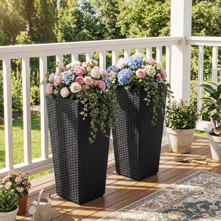 2-Piece Rattan Tall Plant Pot Set
