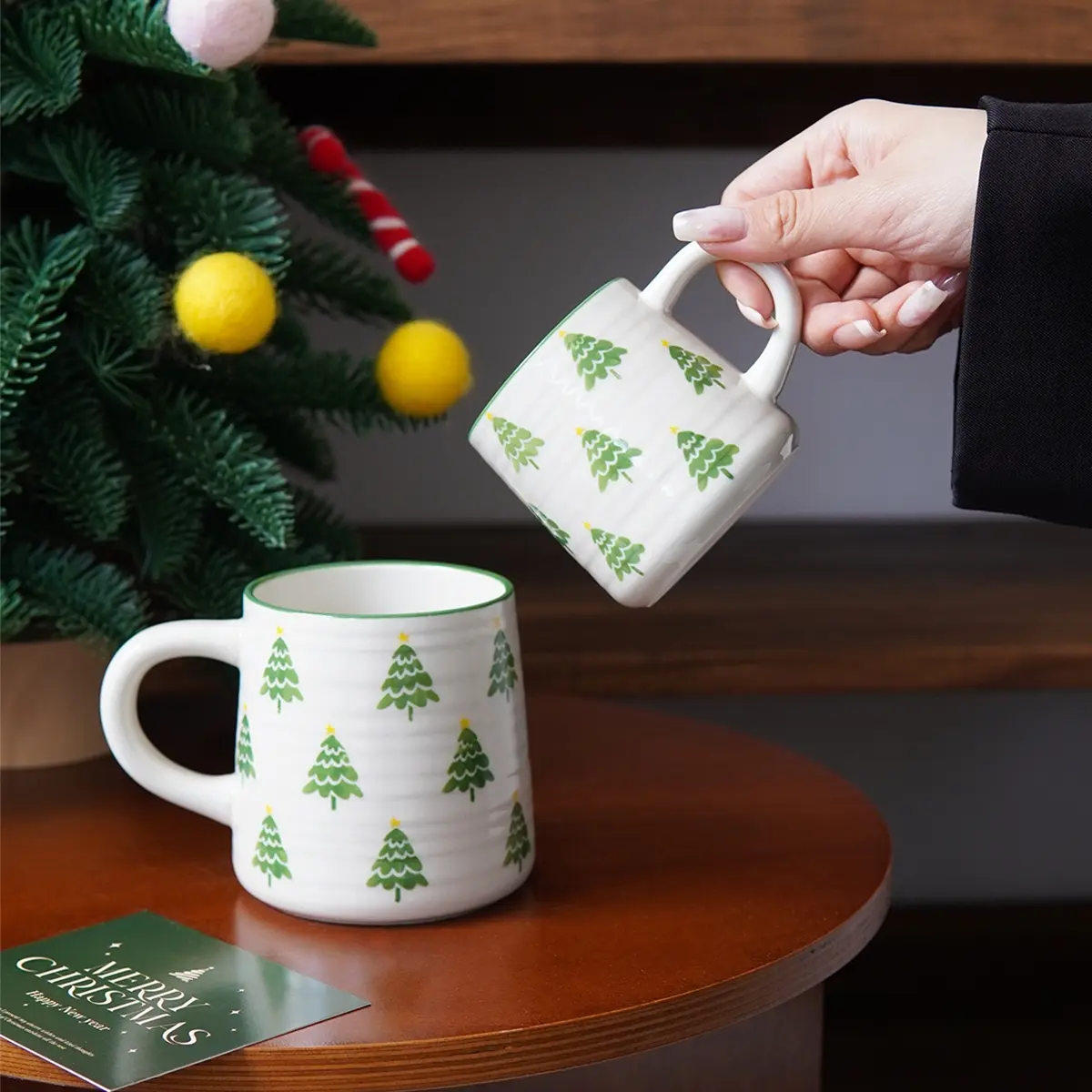 Striped Embossed Christmas Ceramic Coffee Mug