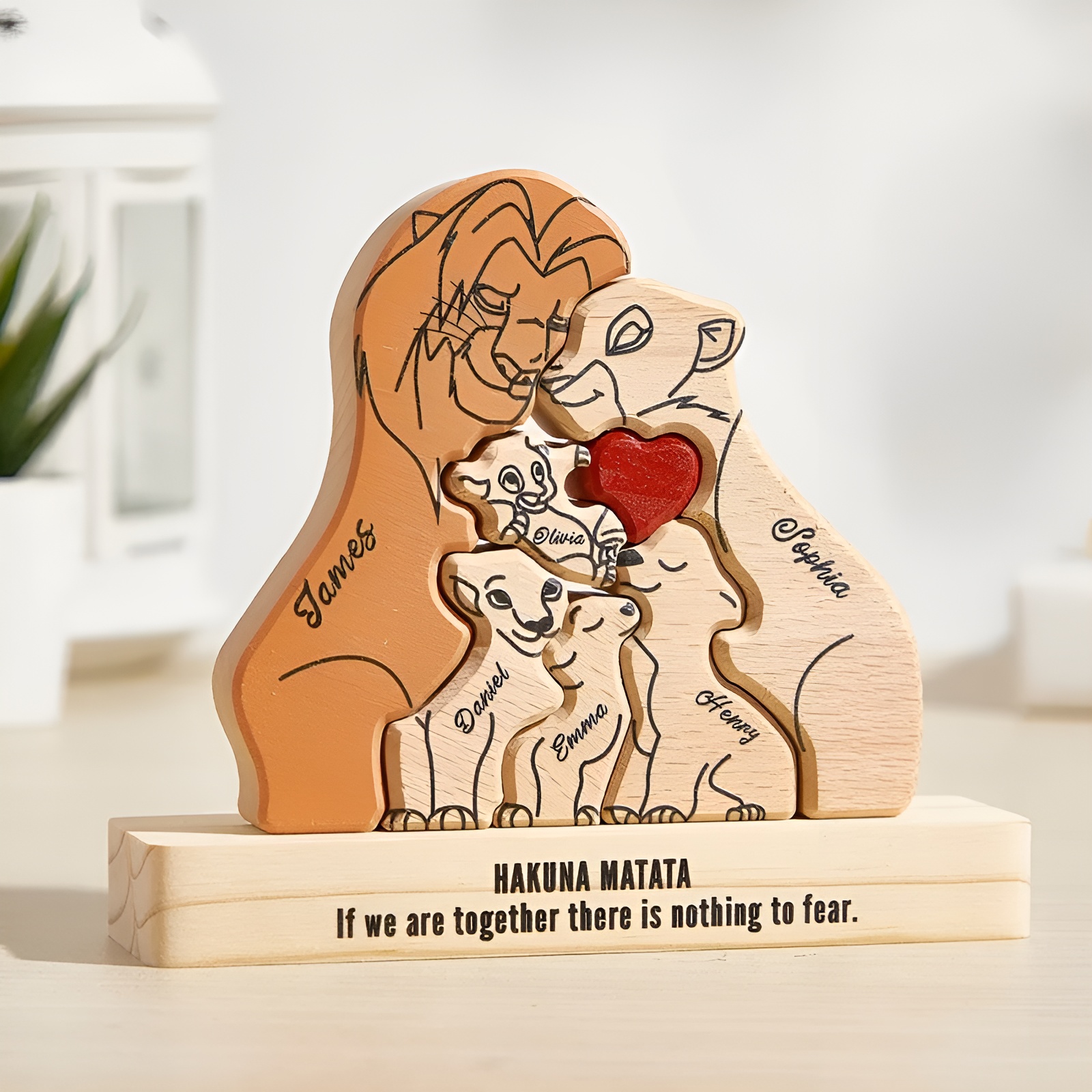 Personalized Wooden Lion Family Puzzle Decor With Name Pieces