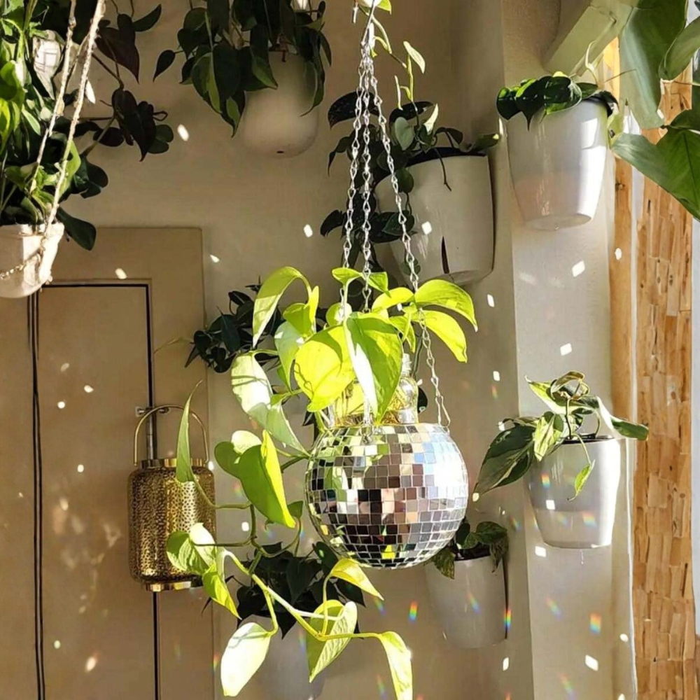 Mirrored Disco Ball Spherical Hanging Flower Planter For Gardening Decor