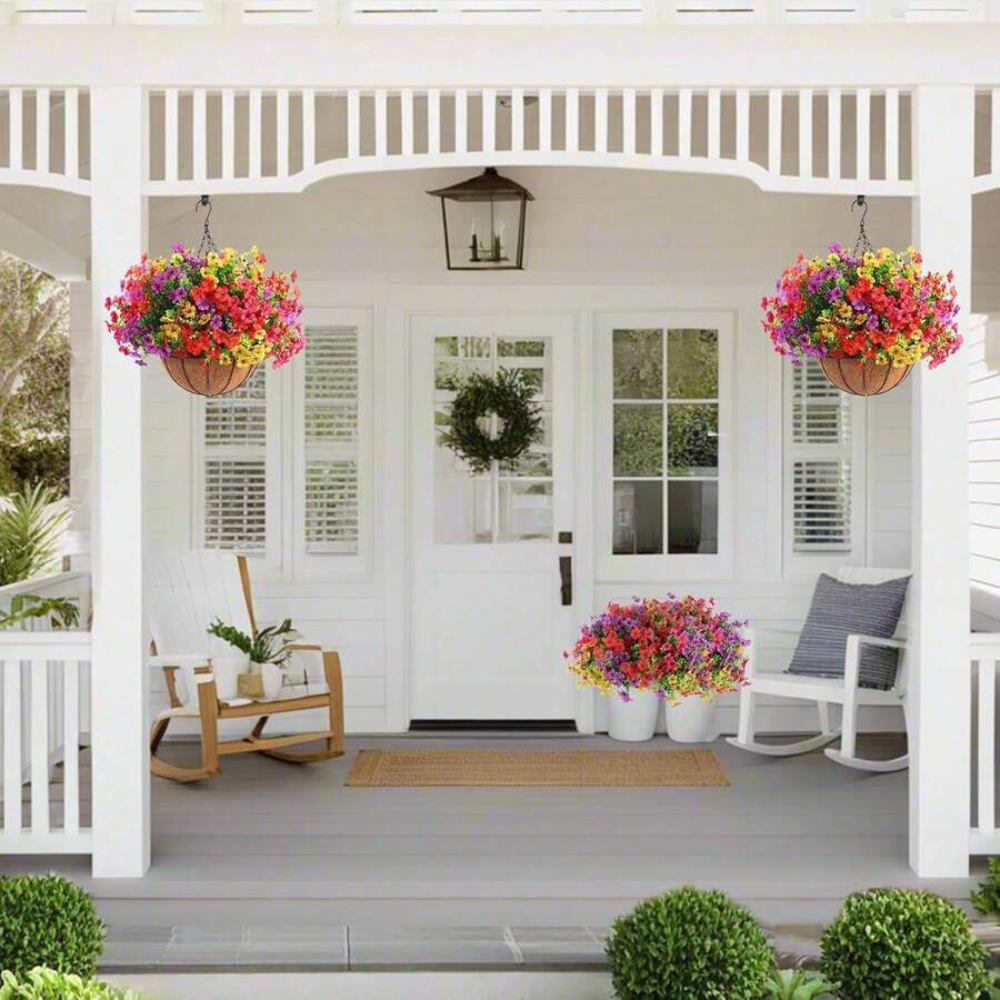 Artificial Hanging Flowers Basket With Coconut Lining And Butterflies For Outdoor Decor