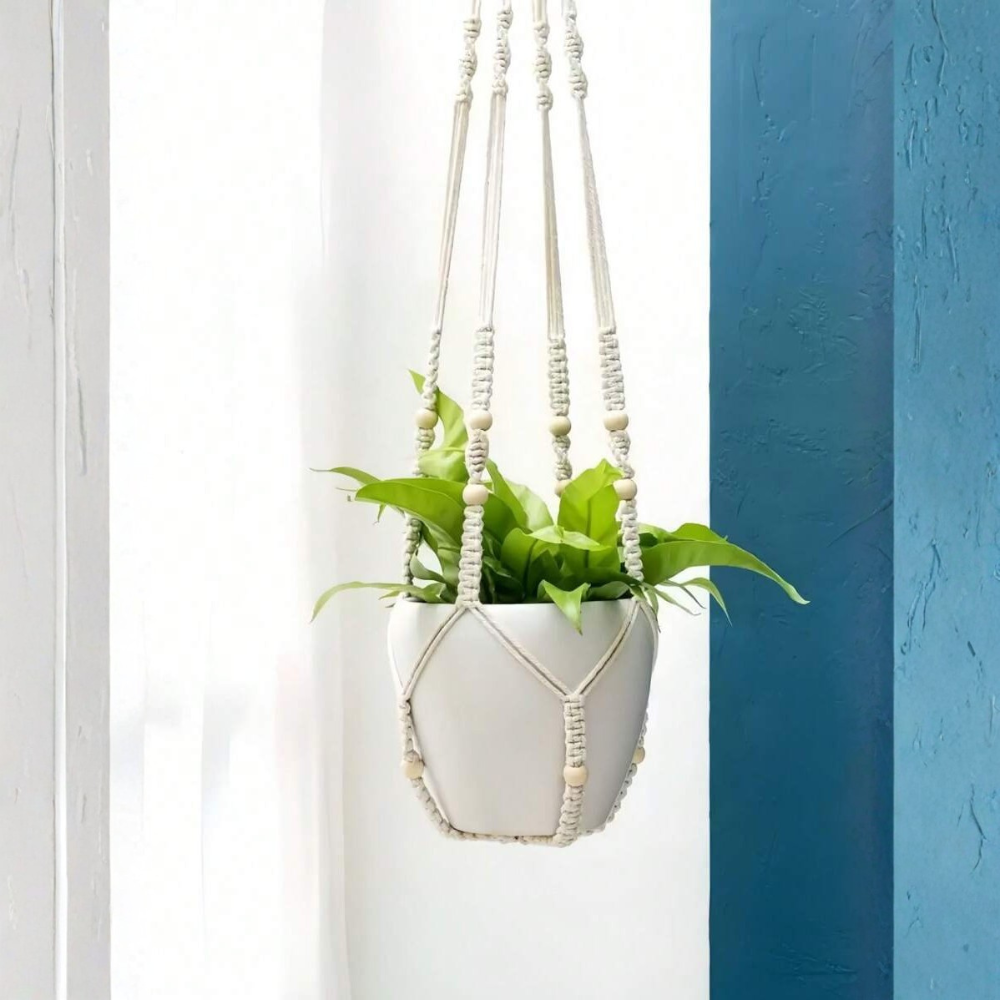 Boho Macrame Wood Bead Decor Plant Hanging Basket For Home Decor