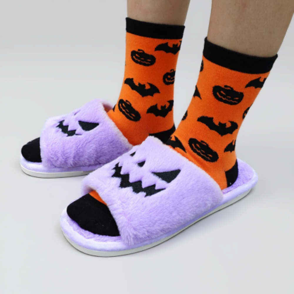 Halloween Pumpkin Plush Slides Cozy Open Toe Indoor Outdoor Slippers