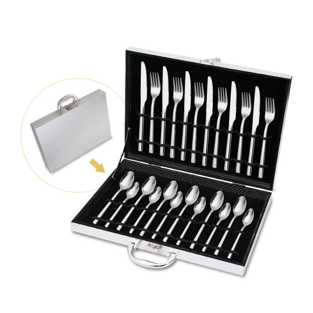Silver Case 24Pcs Mirror Polish Luxury Flatware Set - Grafton Collection