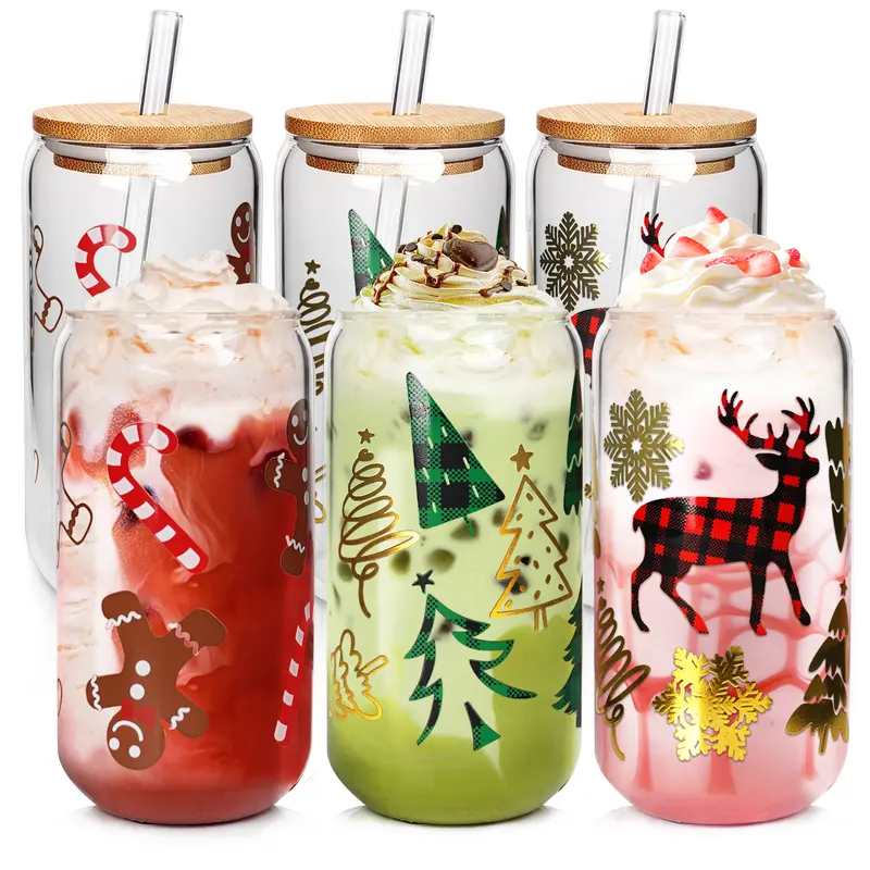 18Oz Christmas Tumbler Glass Cups With Lids And Straws 