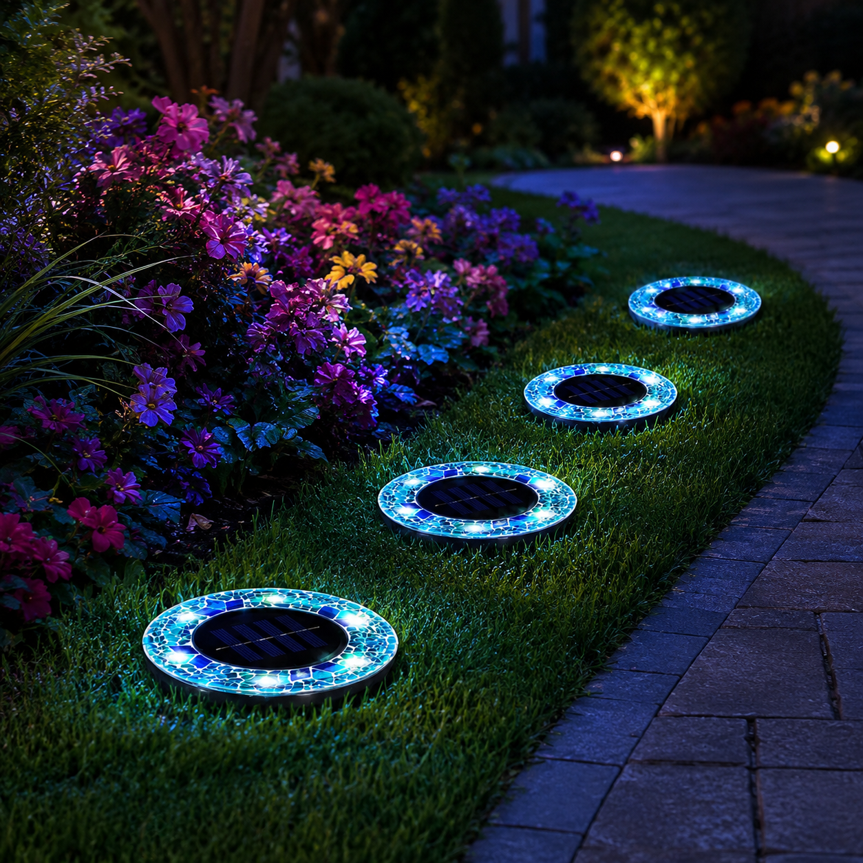 Solar Outdoor Mosaic Disk Lights, Waterproof Decorative Pathway LED Light, Auto On/Off