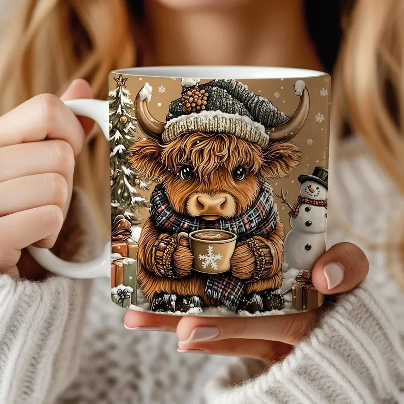 Highland Cow Christmas Snowman Ceramic Mug