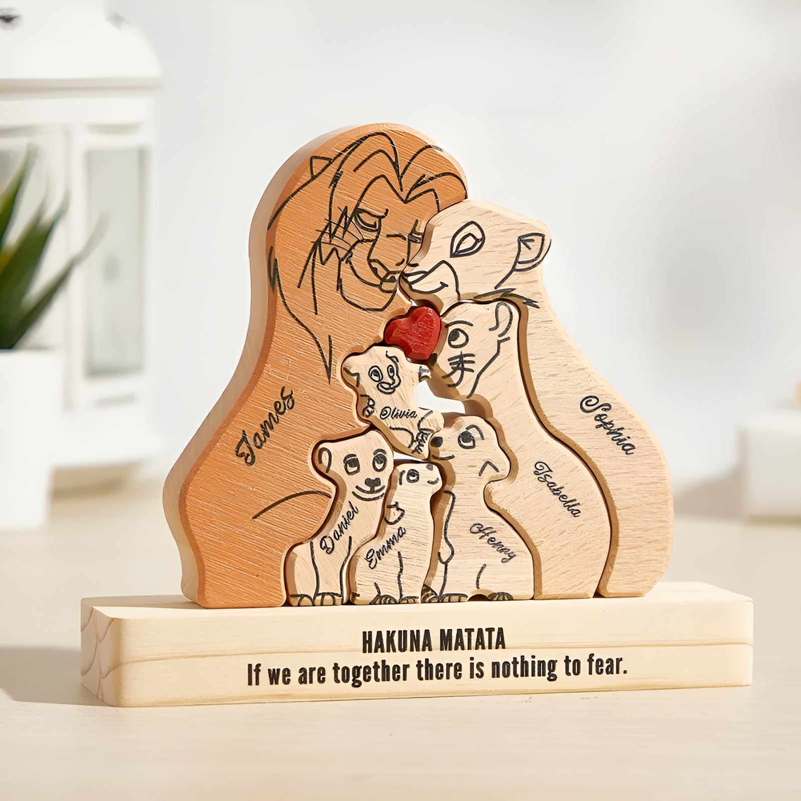 Personalized Wooden Lion Family Puzzle Decor With Name Pieces