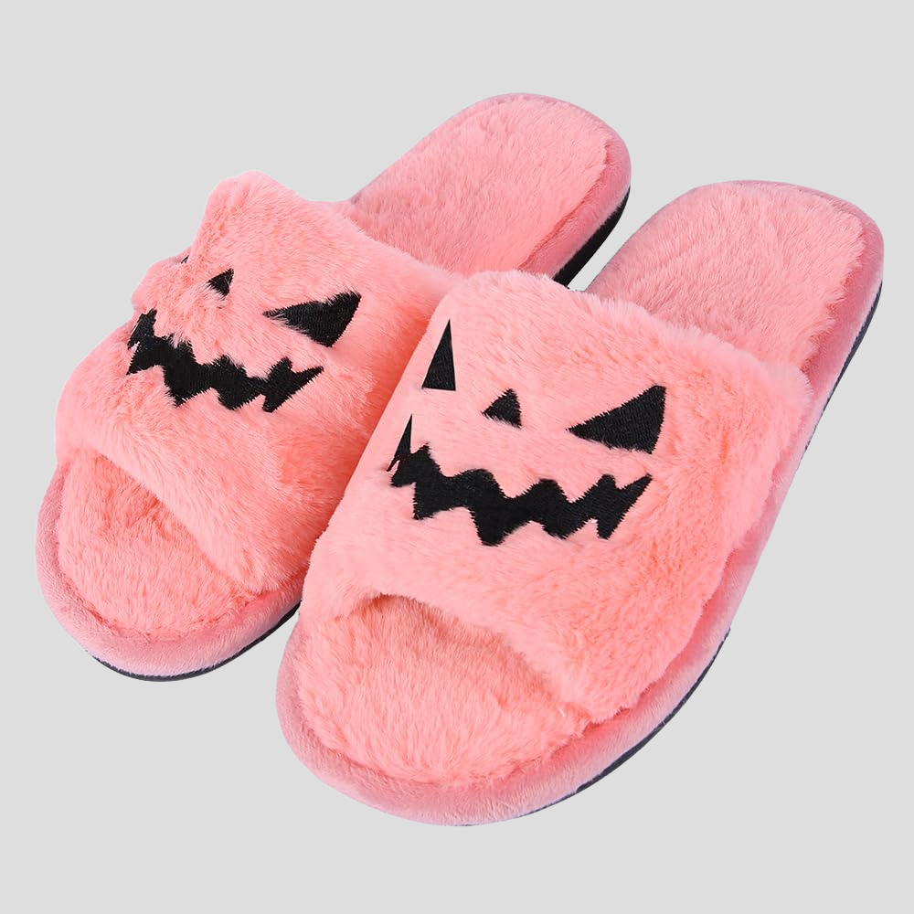 Halloween Pumpkin Plush Slides Cozy Open Toe Indoor Outdoor Slippers